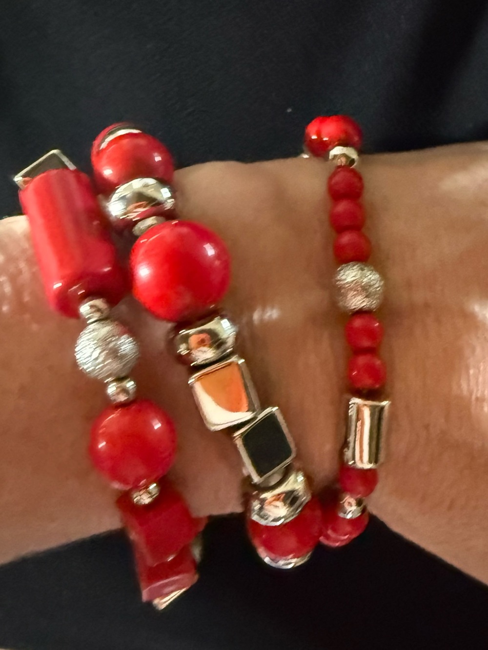 Red Beaded Stretch Bracelet Set of 3  - Elegant Women's Jewelry